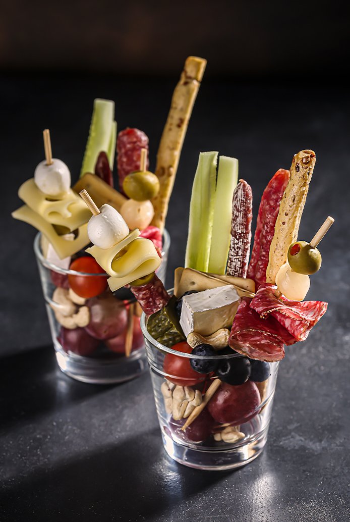 Gourmet pub nibbles served in glasses at BUCCA MOR Freehouse in Cornwall